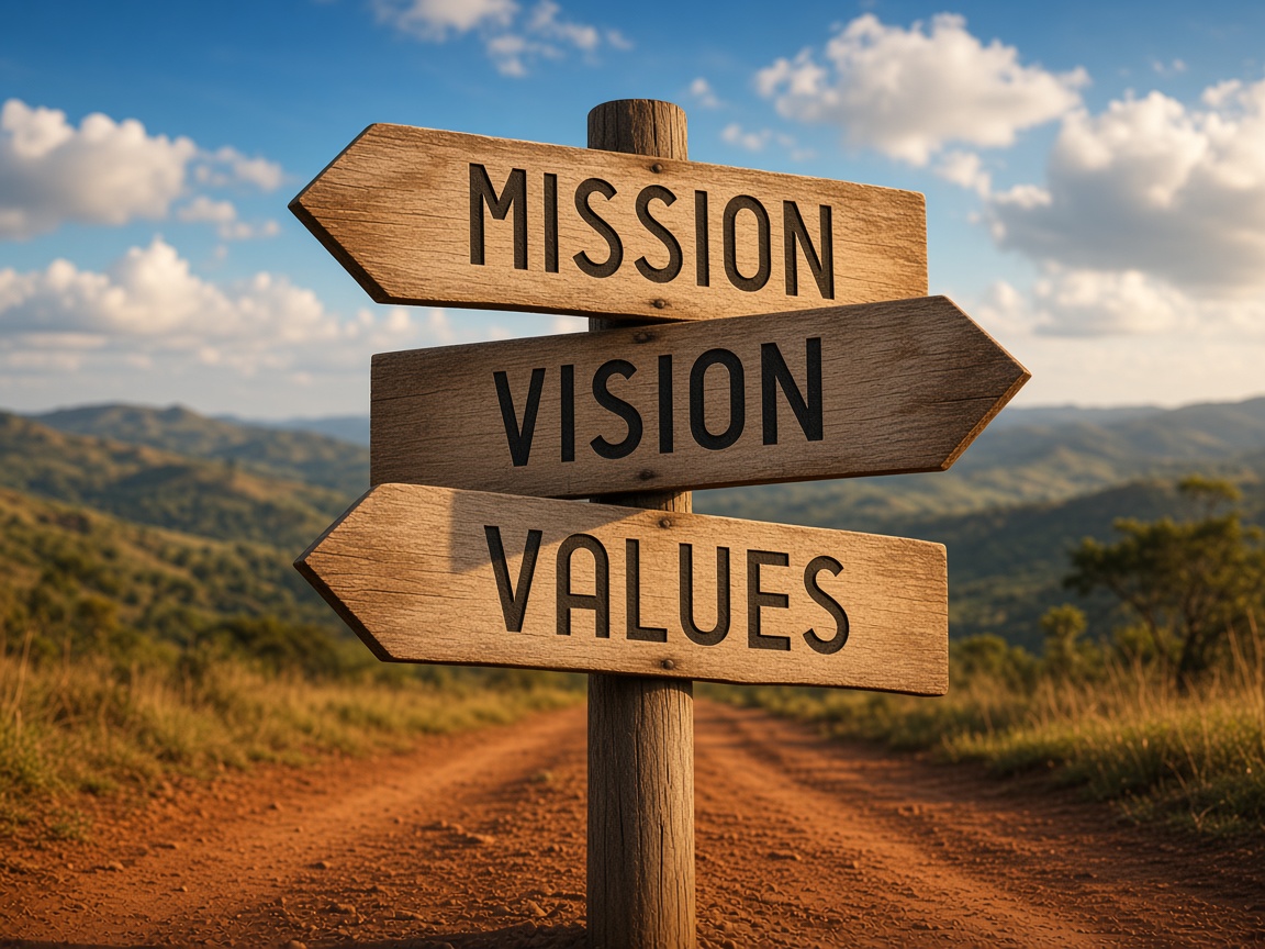 Hardwood signpost marked Mission, Vision, and Values